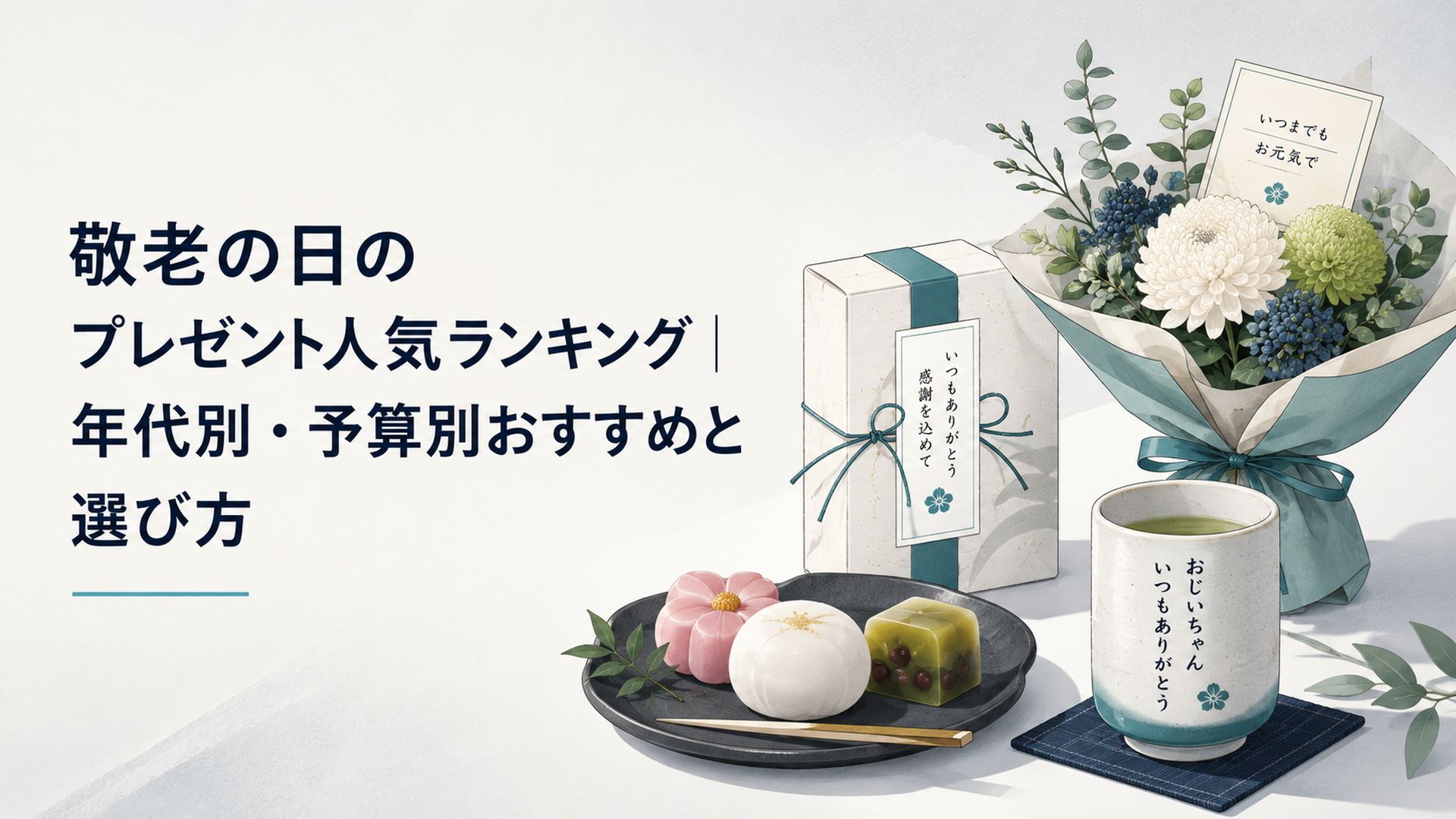 敬老の日に和菓子と花束、名入れの湯呑みが並んだ秋らしい贈り物のテーブル