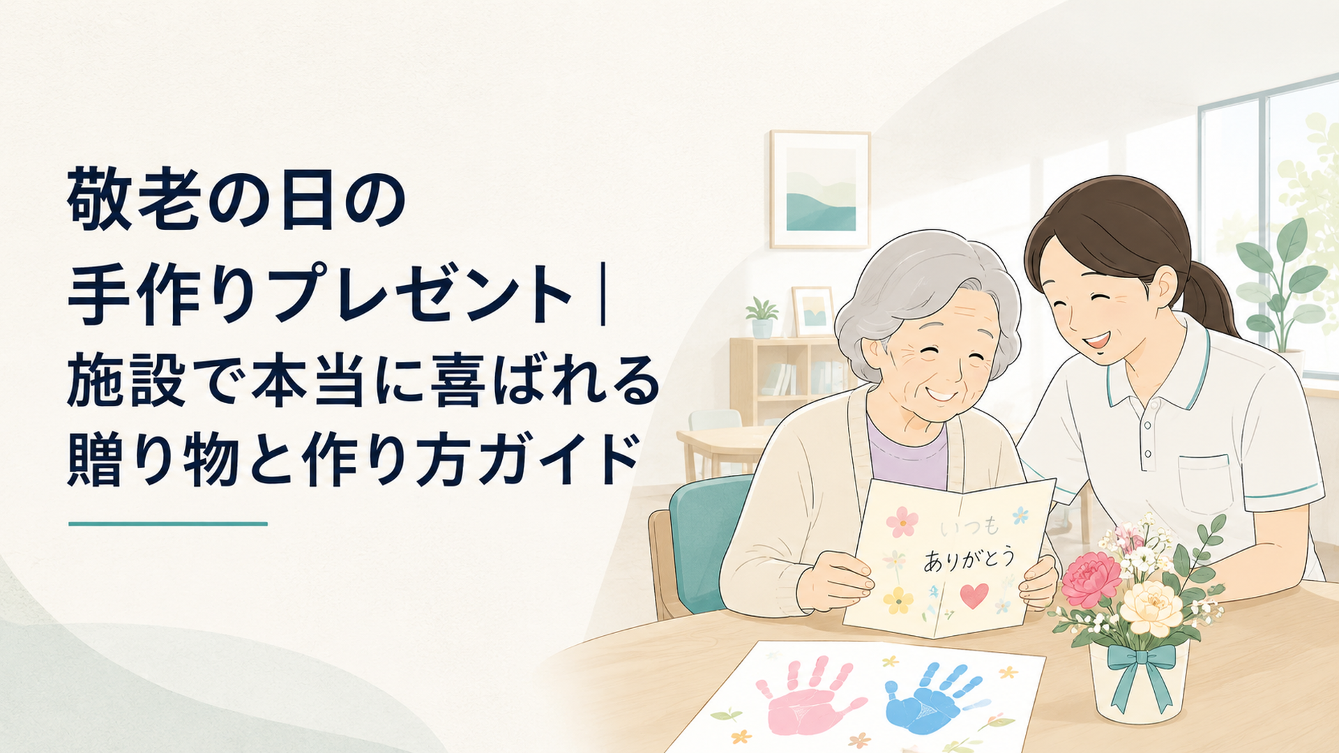 高齢者施設の明るい共有スペースで、子どもの手作りカードや手形アート、小さな花を前にして微笑む高齢者と職員の温かな様子