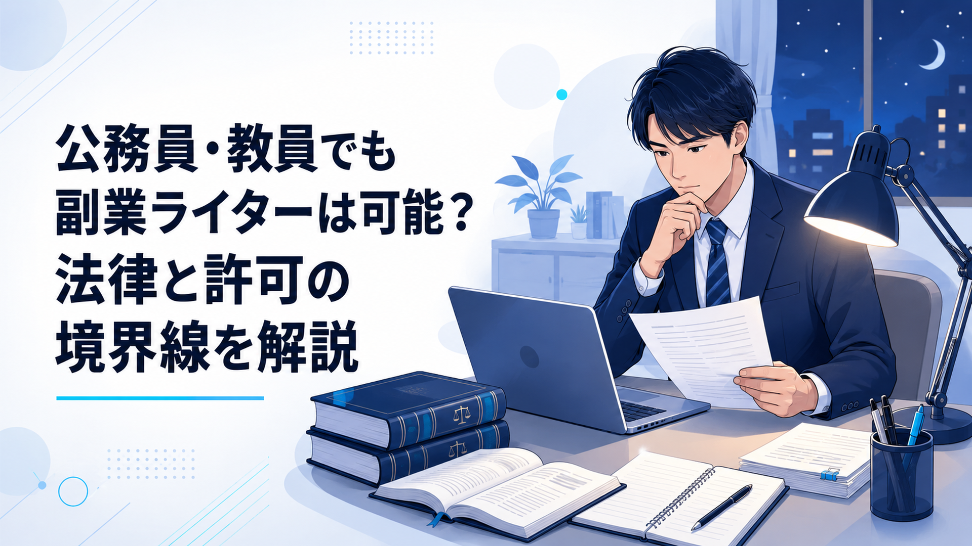 夜の自宅デスクでノートパソコンを前に、法律の条文資料と原稿を見比べながら考え込むスーツ姿の会社員風の人物