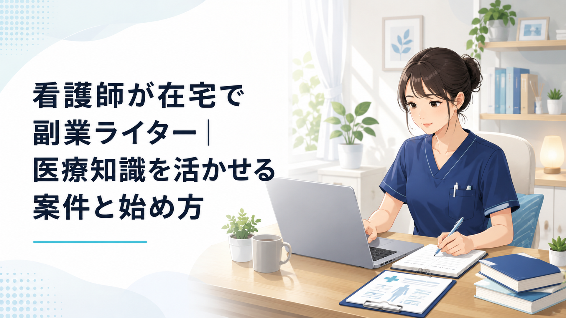 自宅のデスクでノートパソコンに向かい、医療系の記事を執筆する女性看護師の落ち着いた仕事風景