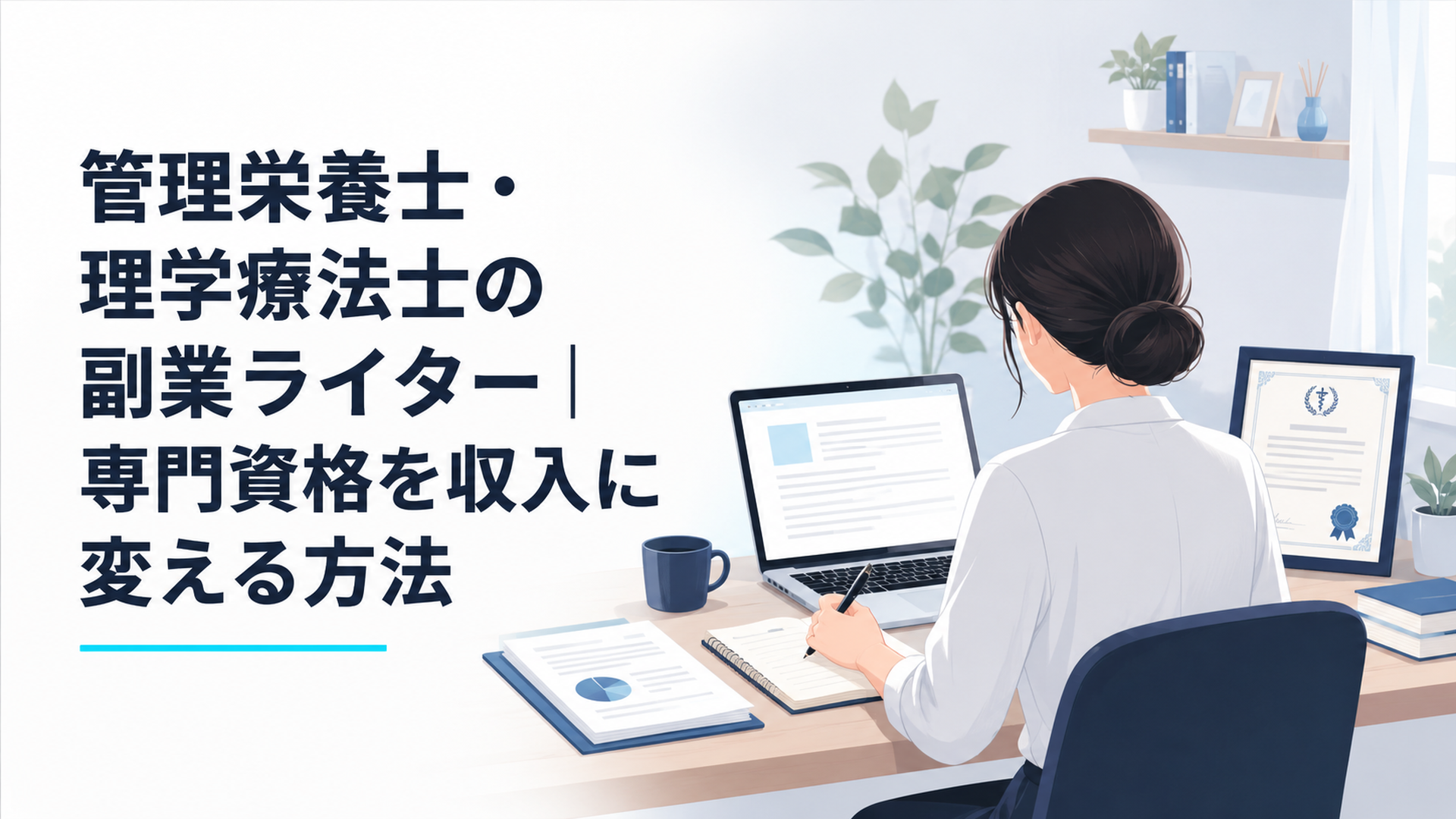 自宅のデスクでノートパソコンに向かい、資格証と書類を横に置いて記事を書く女性の後ろ姿