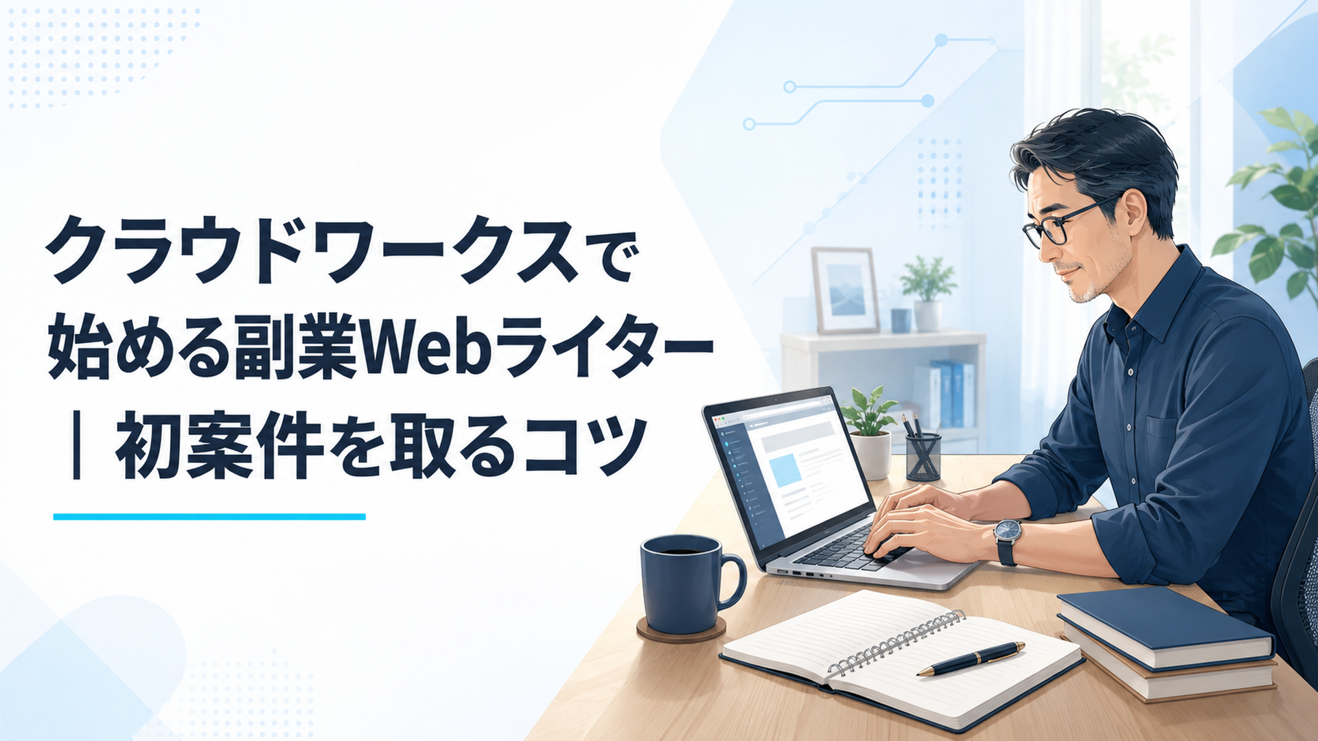 ノートパソコンで在宅ライティングをする40代会社員の落ち着いたデスク風景