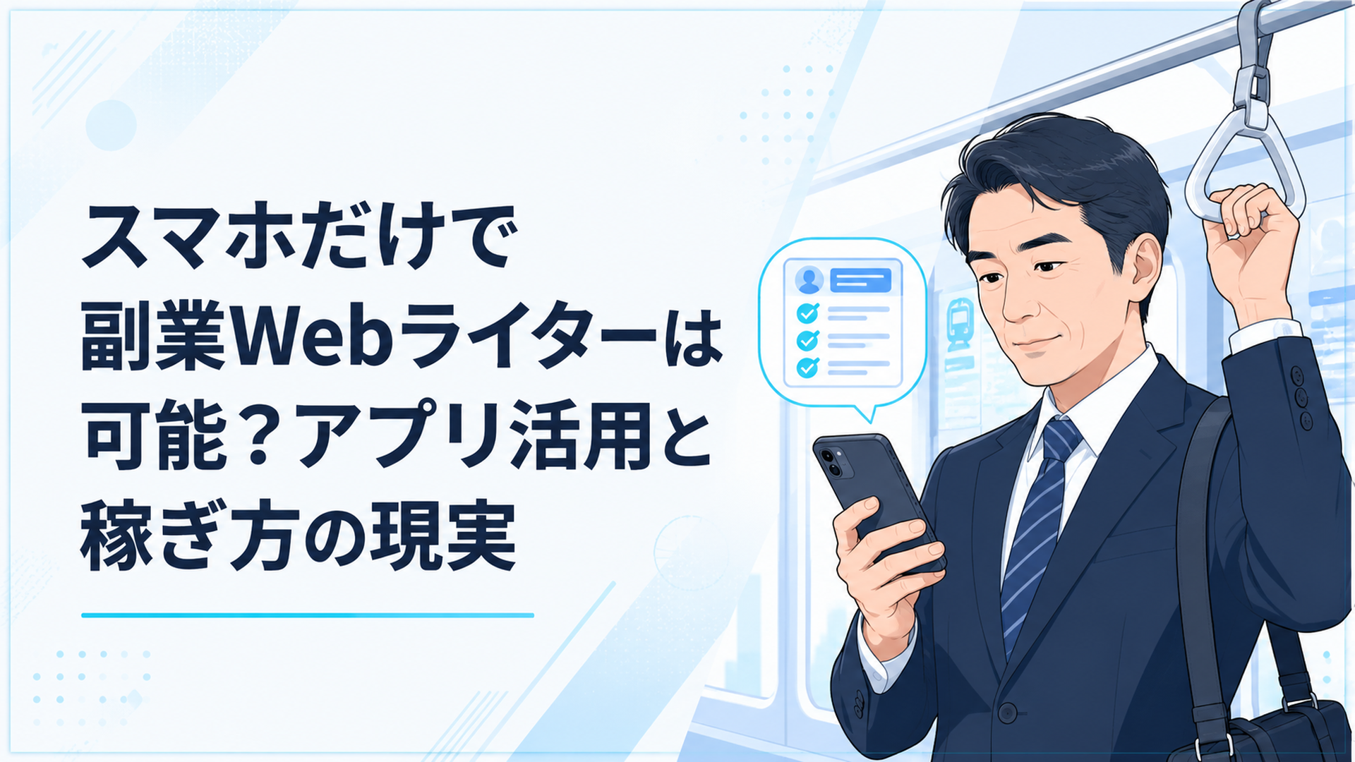 通勤中にスマートフォンで副業Webライターの募集条件を確認する40代会社員