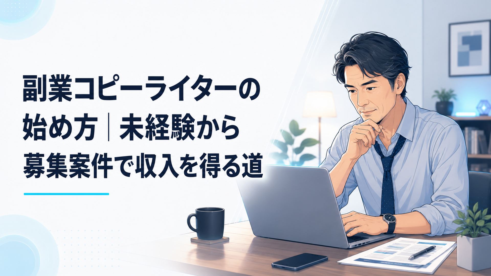 仕事帰りに自宅の机でコピーライターの副業案件を比較する40代会社員