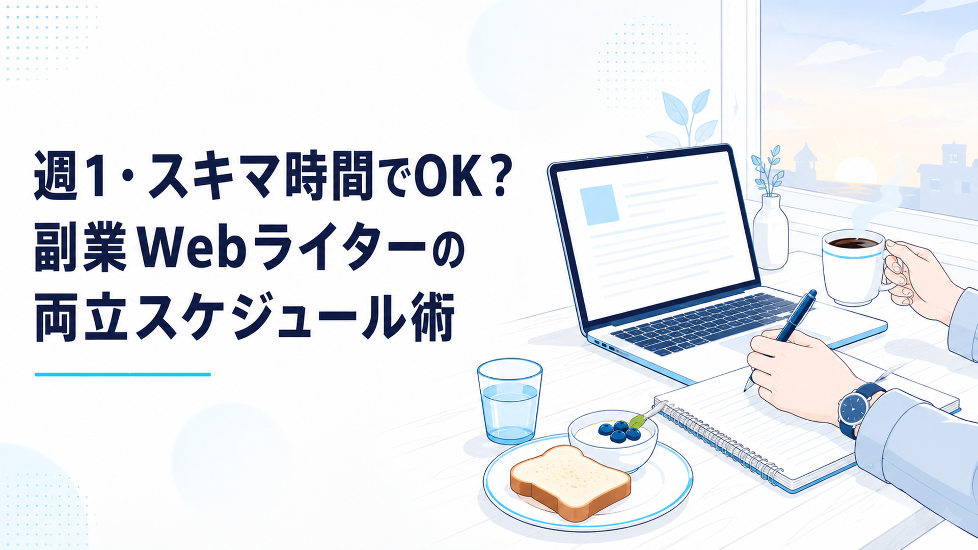 早朝の食卓でノートパソコンを開き、コーヒー片手に副業の原稿を書く会社員の手元