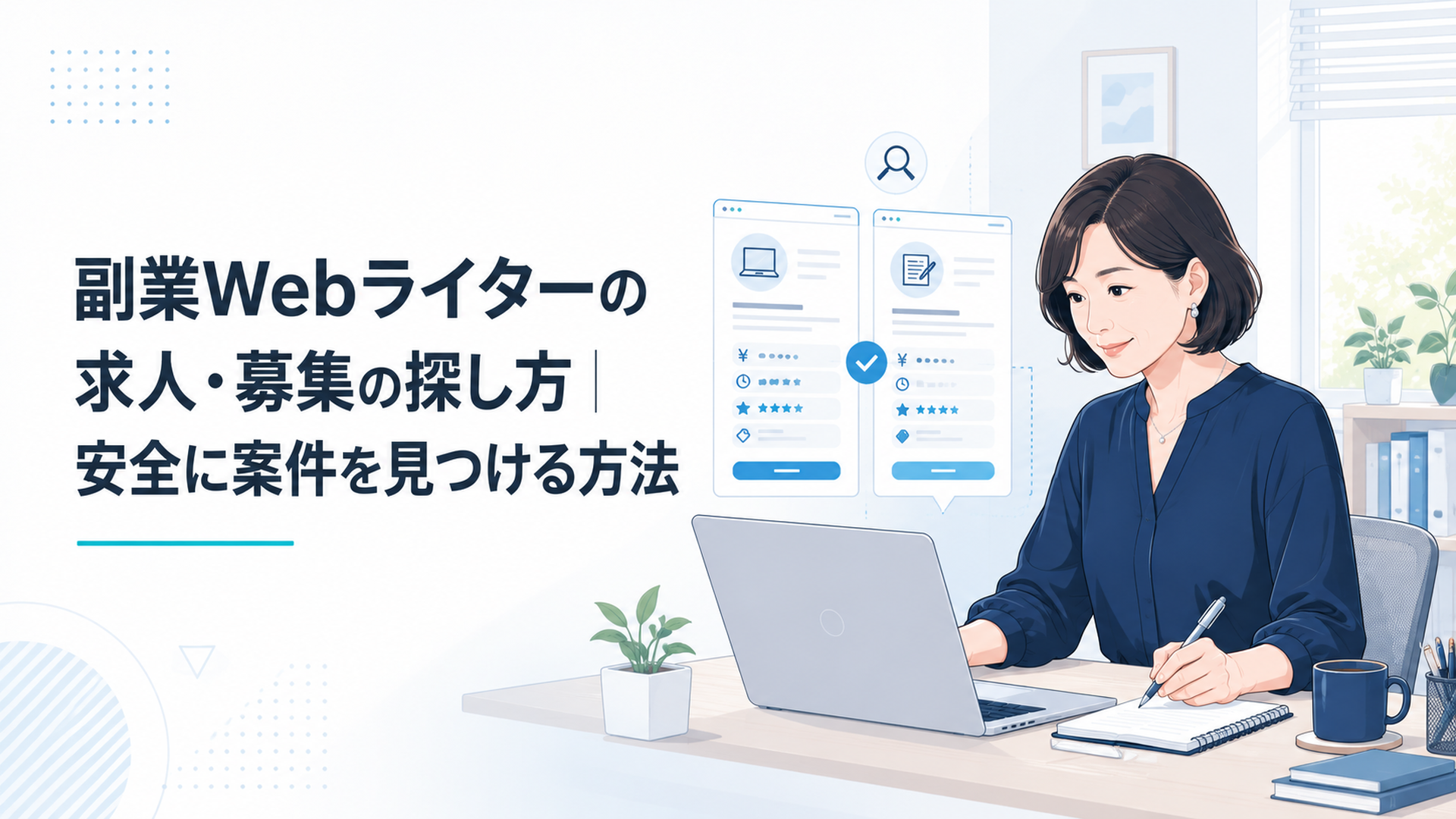 自宅のデスクでノートパソコンに向かい、求人情報を比較しながらメモを取る40代の会社員女性。落ち着いた朝の光