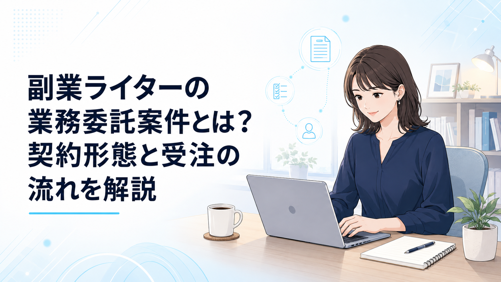 ノートパソコンで在宅ライティングをする40代の会社員女性、机の上にコーヒーとメモ帳