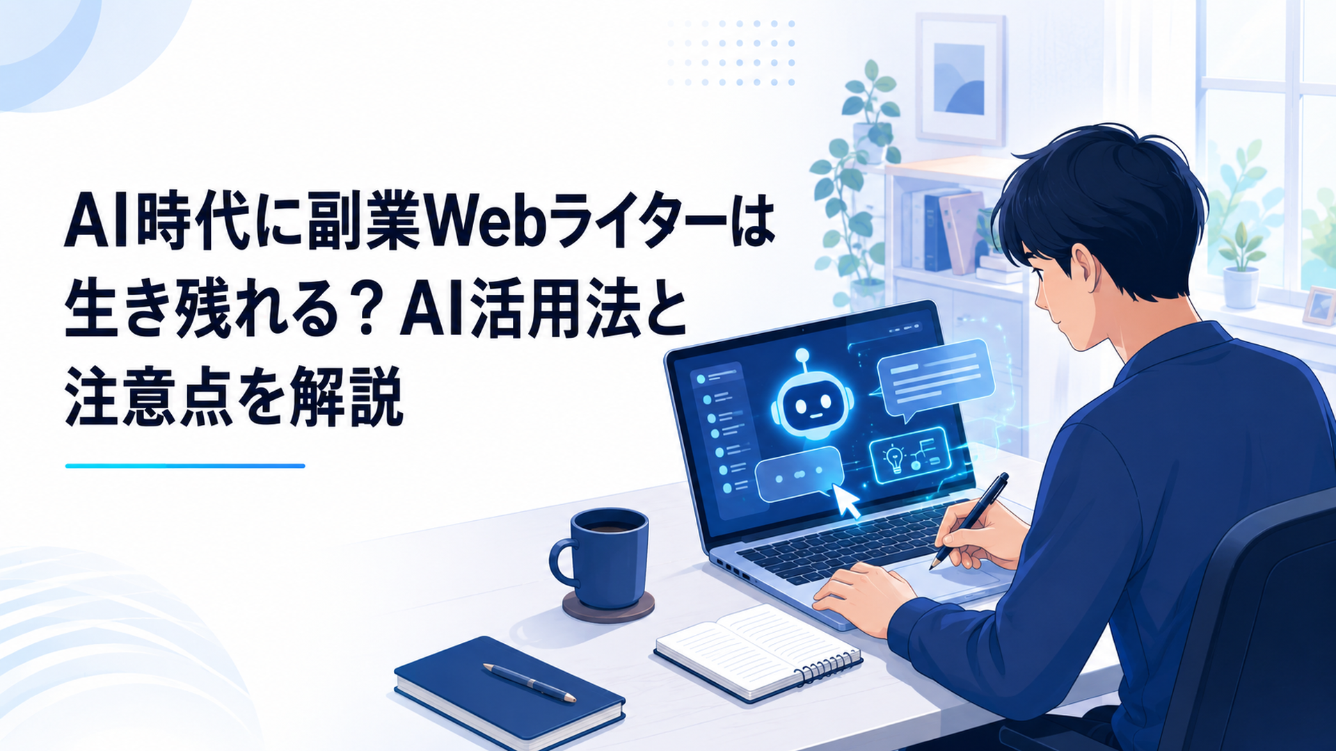 ノートパソコンでAIツールを操作しながら記事を書く会社員の手元