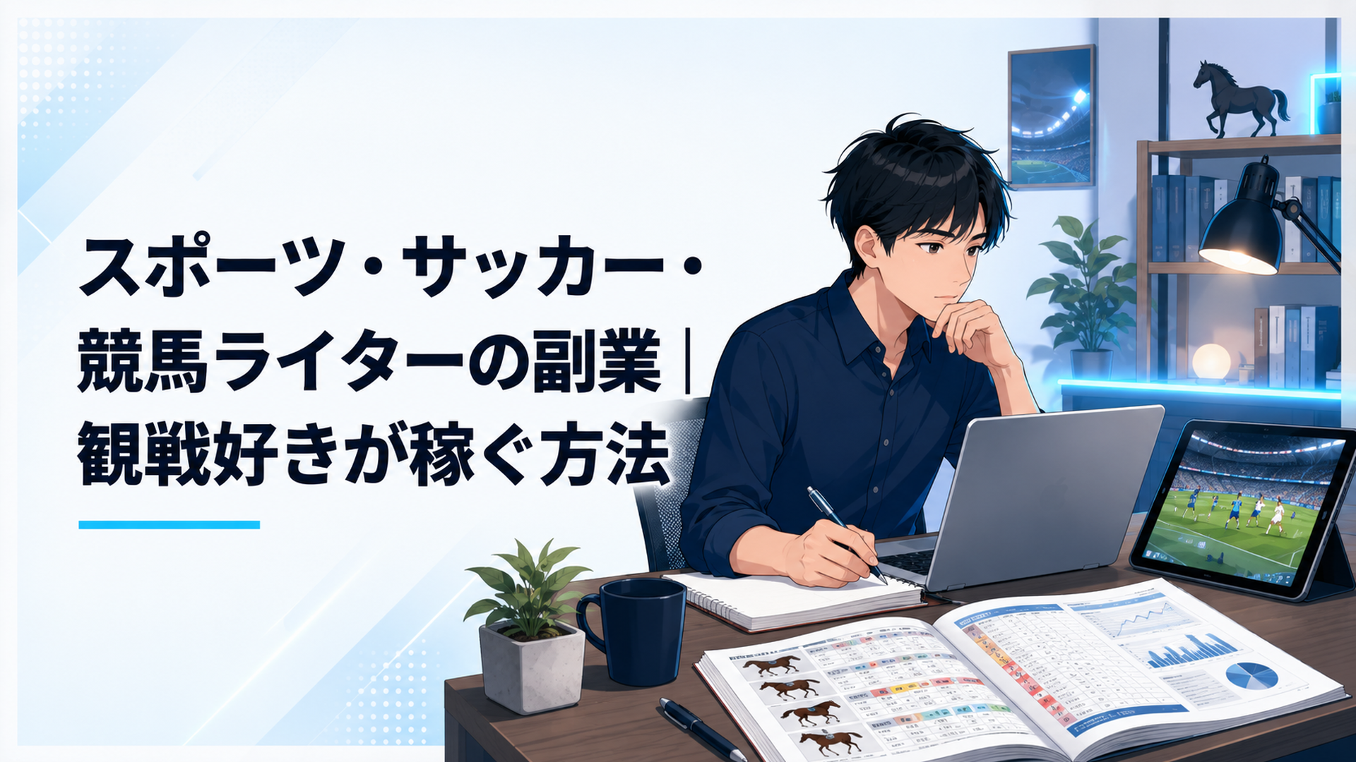 自宅でサッカー中継と競馬の公式資料を確認しながら記事を書く会社員