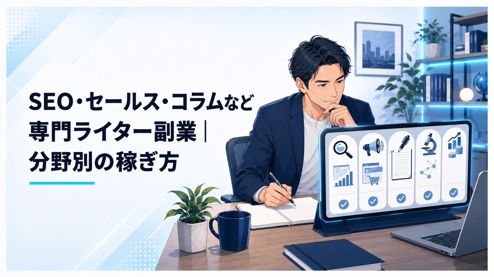 自宅の机で専門ライター副業5職種を比較する40代会社員