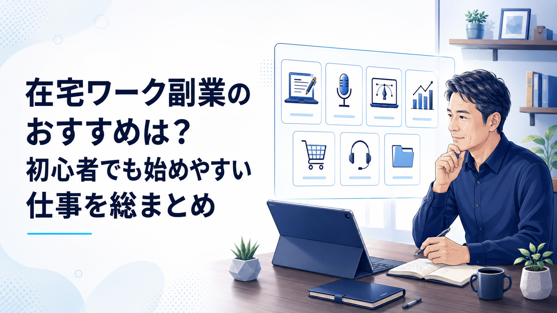 自宅のデスクで在宅ワーク副業7職種を比較する40代会社員