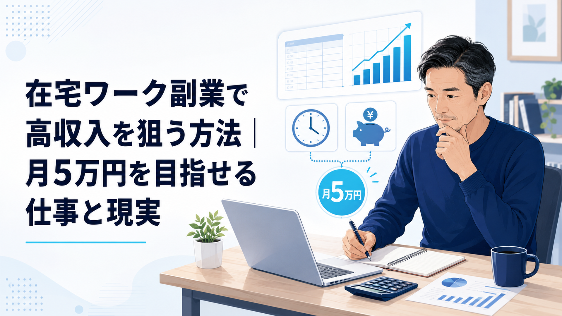 自宅のデスクで在宅ワーク副業の作業時間と月5万円の収支を計算する40代会社員