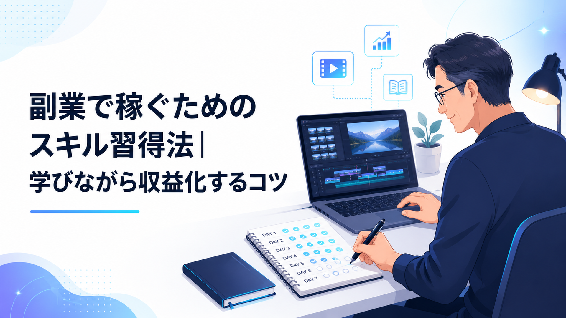 仕事を終えた40代会社員が自宅の机で短い動画を編集しながら7日間の学習記録をつけている様子