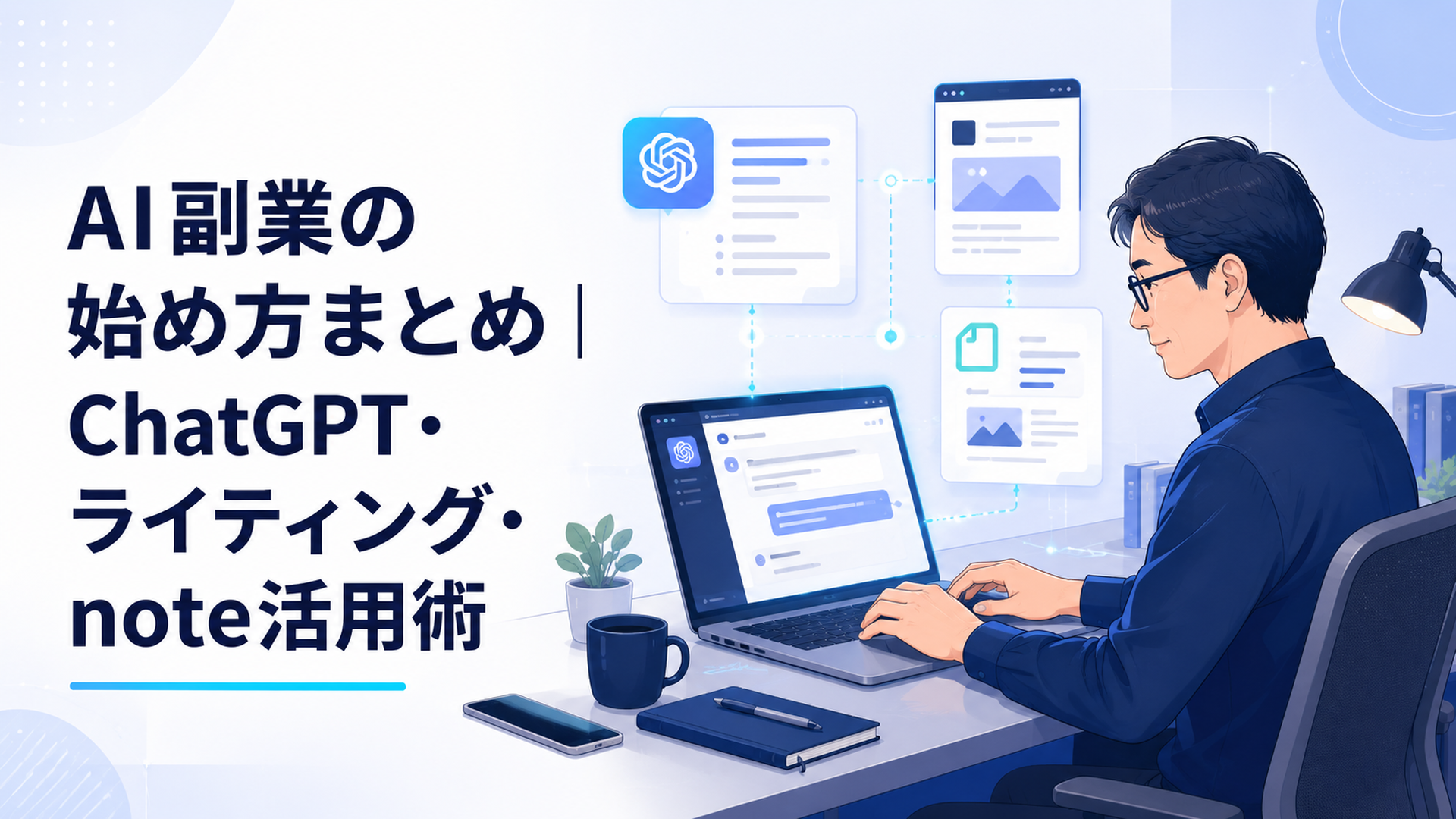 40代の会社員が帰宅後のデスクでChatGPTを使いながら副業用の成果物とnote記事を作る様子