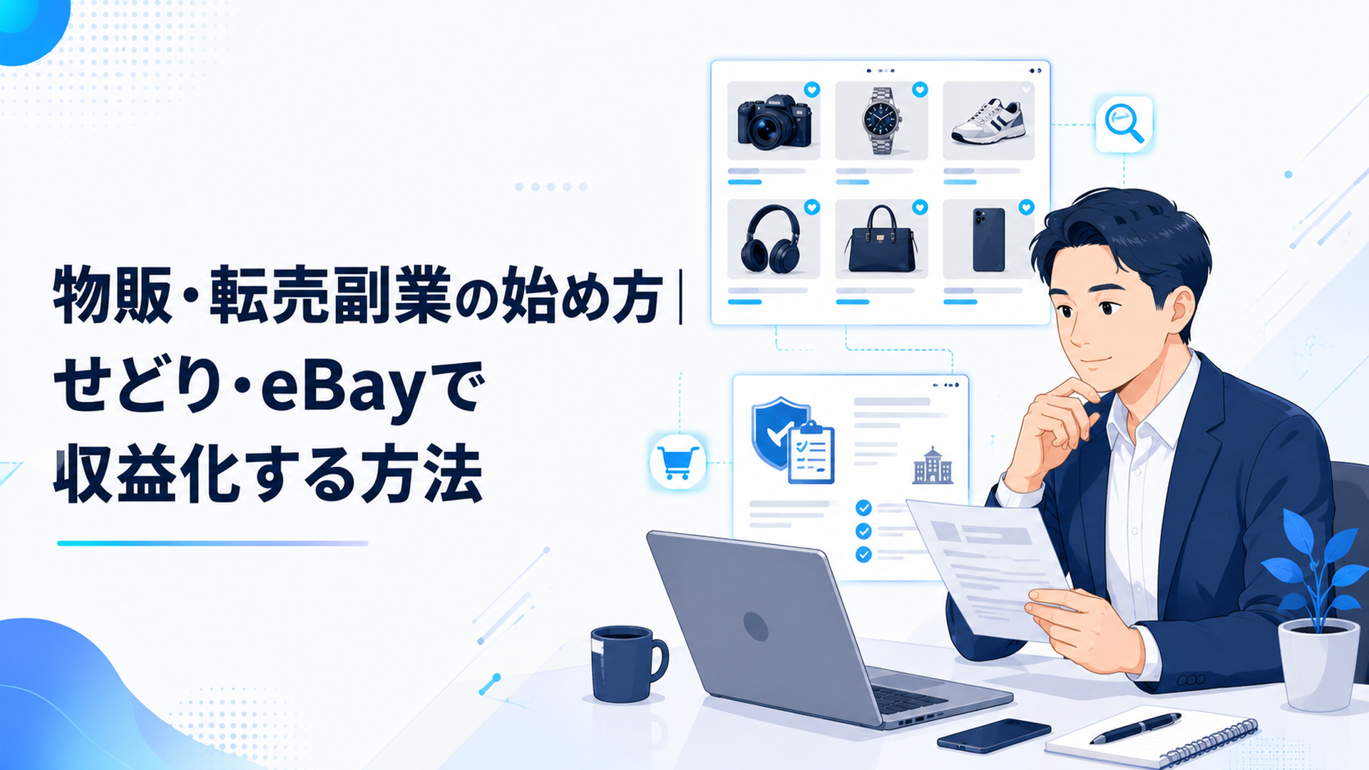 中古品の仕入れ候補と古物営業許可申請の案内を確認する会社員