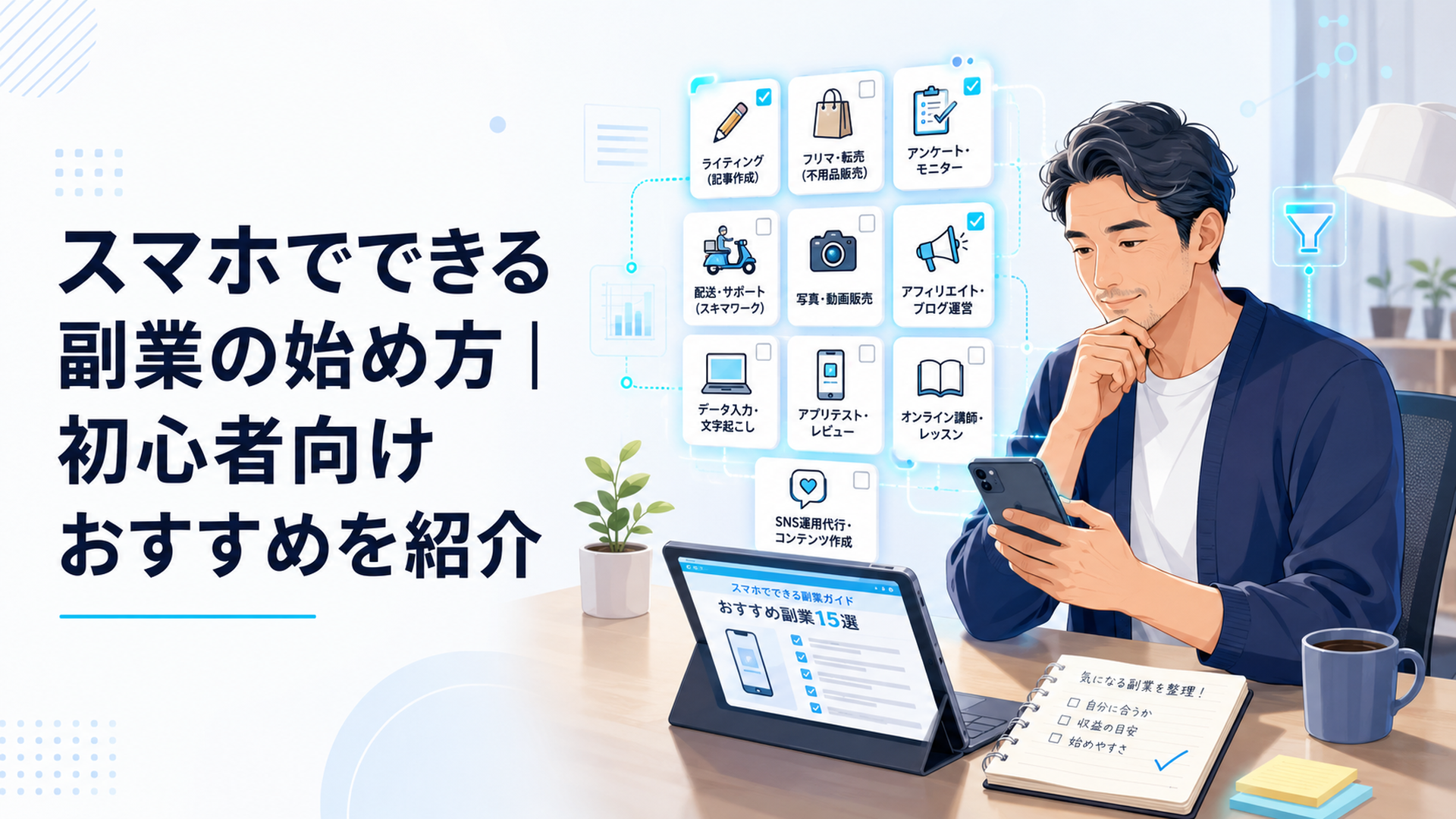 創業手帳のスマホ副業15選を読みながら選択肢を整理する40代会社員