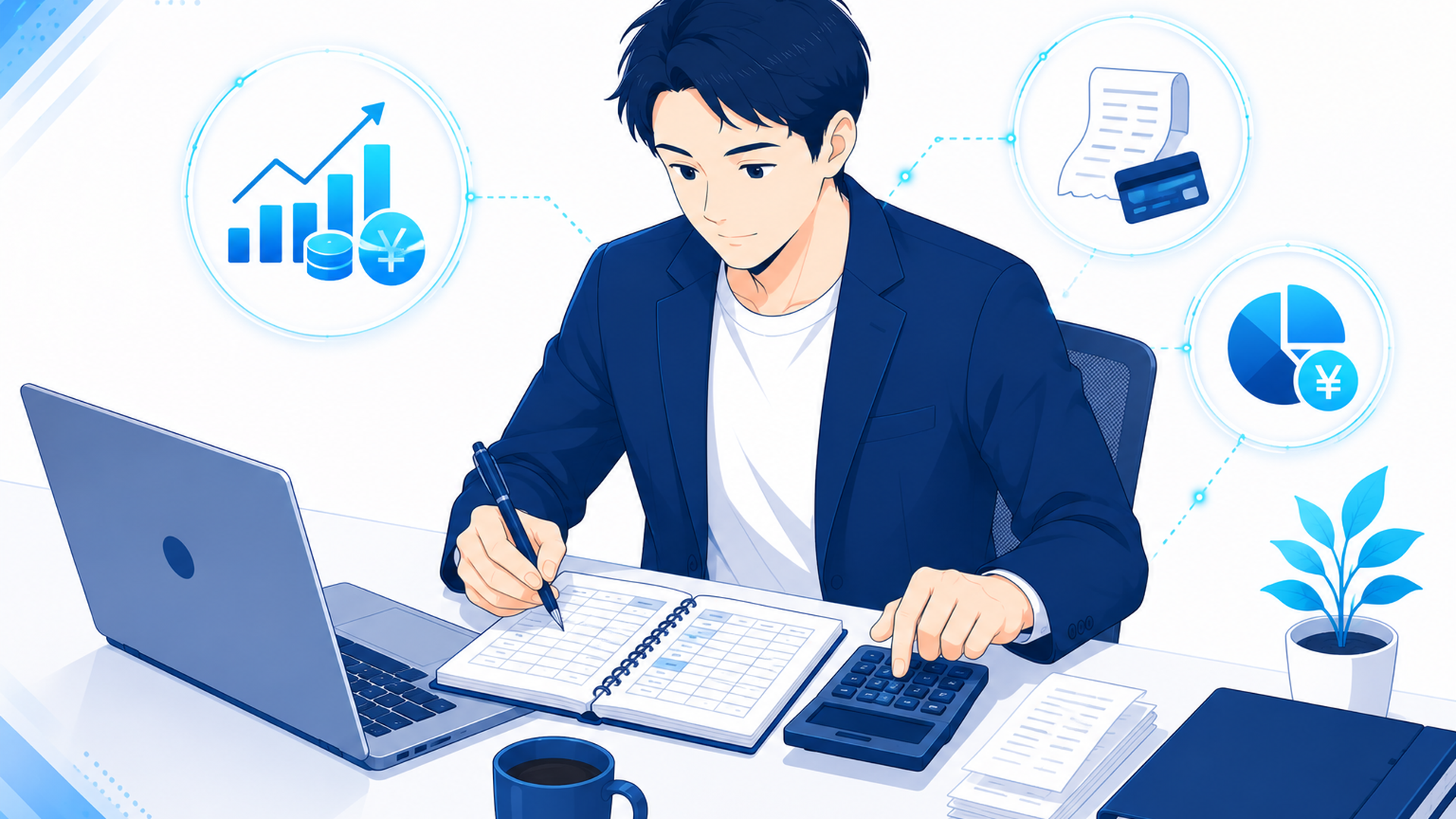 副業の収入と経費を帳簿に記録して税金を確認する場面