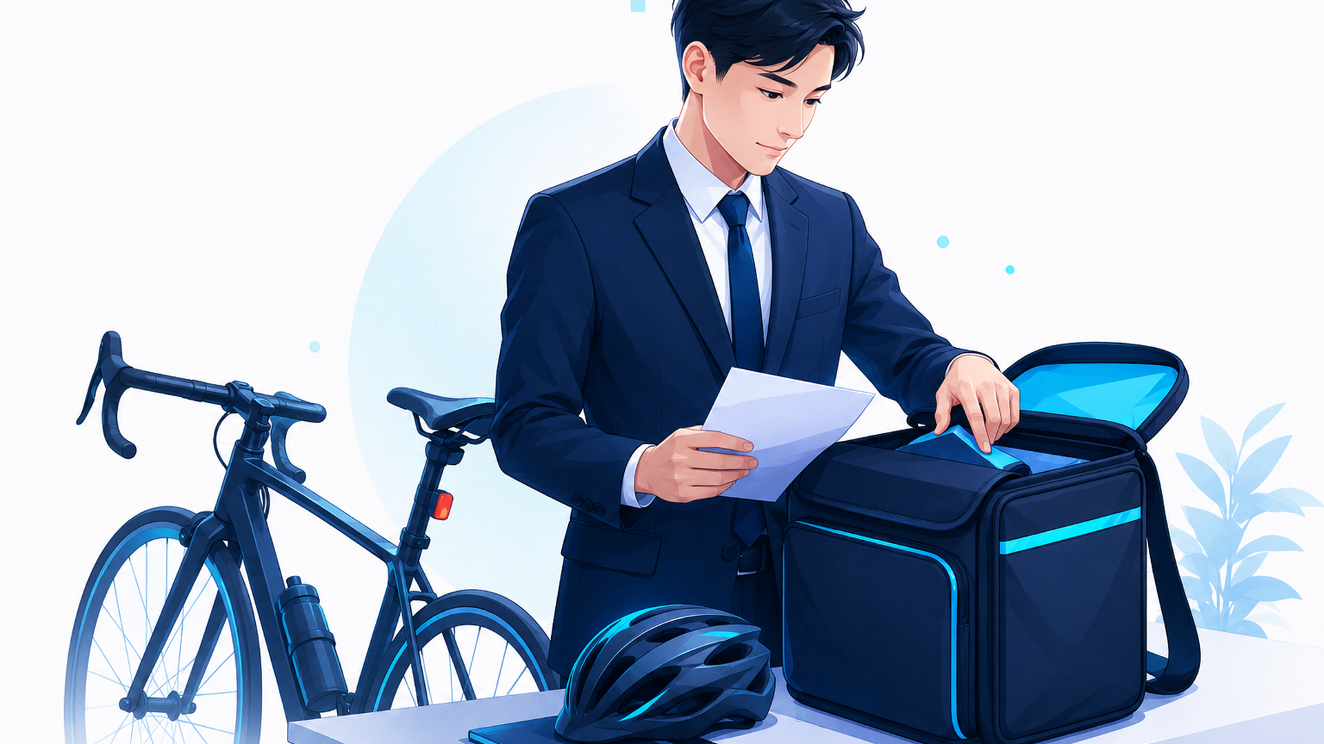 自転車と配達バッグと必要書類を準備する会社員