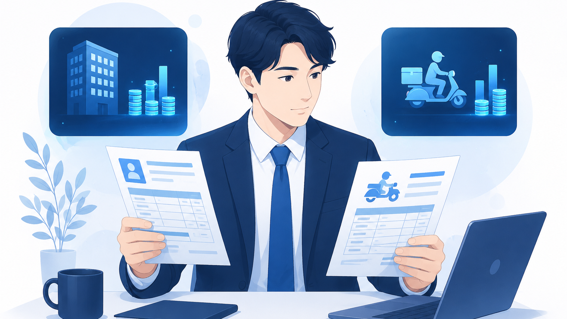 給与明細と配達報酬の記録を分けて確認する会社員