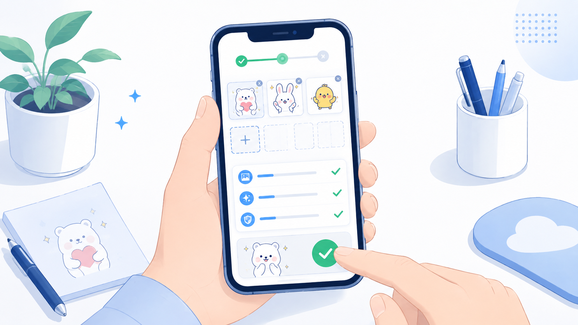 スマートフォンでLINEスタンプの画像登録と審査申請を進める手元