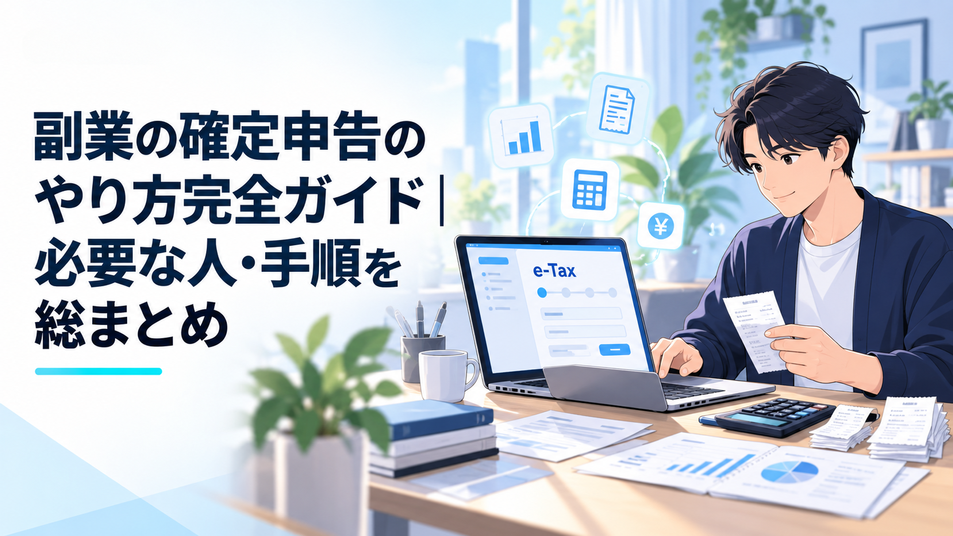 会社員が自宅の机で副業の売上と経費を整理しe-Taxで確定申告の準備をしている様子